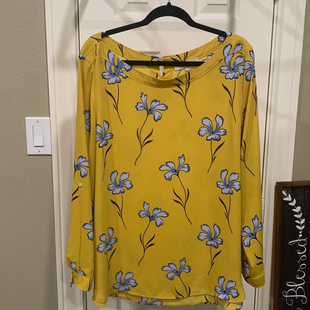 Loft mustard yellow blouse with button back and long sleeves.